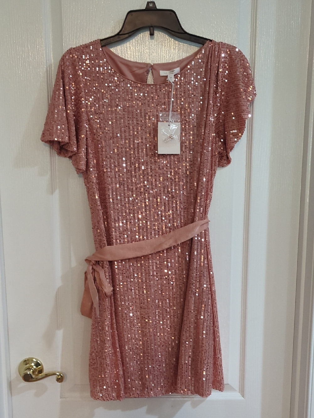 NWT LC Lauren Conrad Rose Pink Sequin Mini Dress with Waist Sash NWT Sz Medium